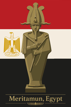 Meritamun Egypt Travel Poster Vector Ancient Statue Egyptian Flag Landmark