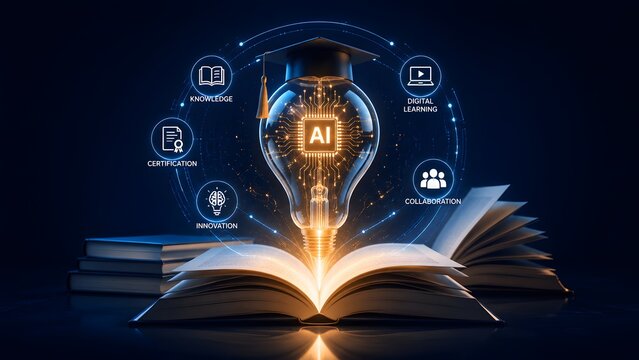 Artificial intelligence lightbulb with graduation cap emerging from an open book surrounded by digital learning and certification interface icons