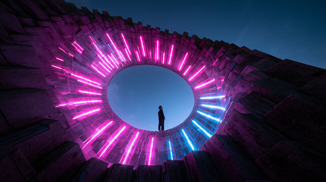 Futuristic Circular Light Portal Installation with Person Silhouette