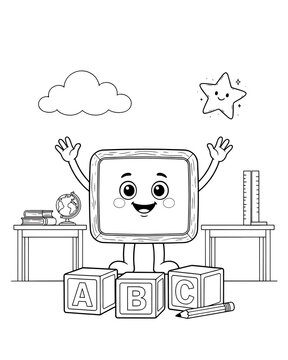 Cute school chalkboard character with alphabet blocks and educational supplies chalkboard character alphabet education learning children coloring