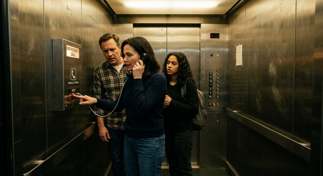 Anxious People Trapped in a Malfunctioning Elevator Using Emergency Call Button and Phone for Help