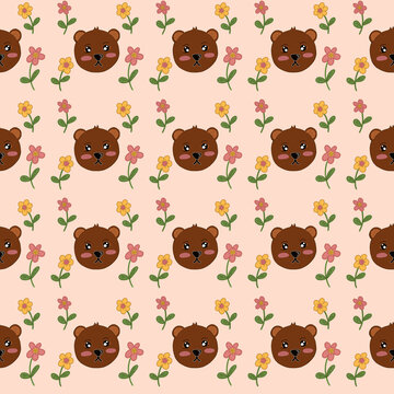seamless pattern with teddy bears and flowers