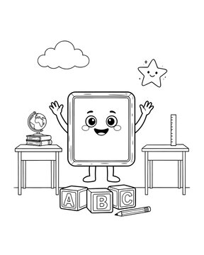 Cute school chalkboard character with alphabet blocks and globe for kids education coloring page black and white line art hands up chalkboard character