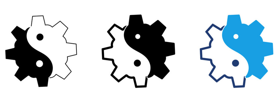 Yin Yang gear setting icon set. Symbol of work life balance, technical harmony, system equilibrium, dual operation mode, balanced workflow, and philosophy concept.