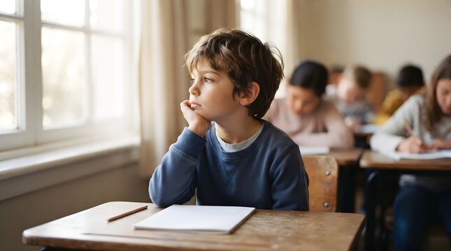 Pensive young schoolboy sitting at a wooden desk daydreaming and looking out the window in a bright classroom for elementary education and learning challenges concept.