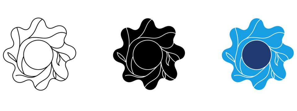 Abstract gear flower line icon set. Symbol of nature tech integration, organic mechanism, eco engineering, environmental technology, renewable energy, and floral geometry.