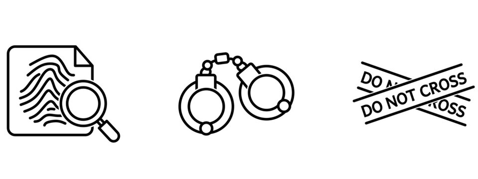 Crime scene investigation line icon set. Symbol of fingerprint analysis with magnifying glass, police handcuffs arrest, and do not cross crime scene caution tape.