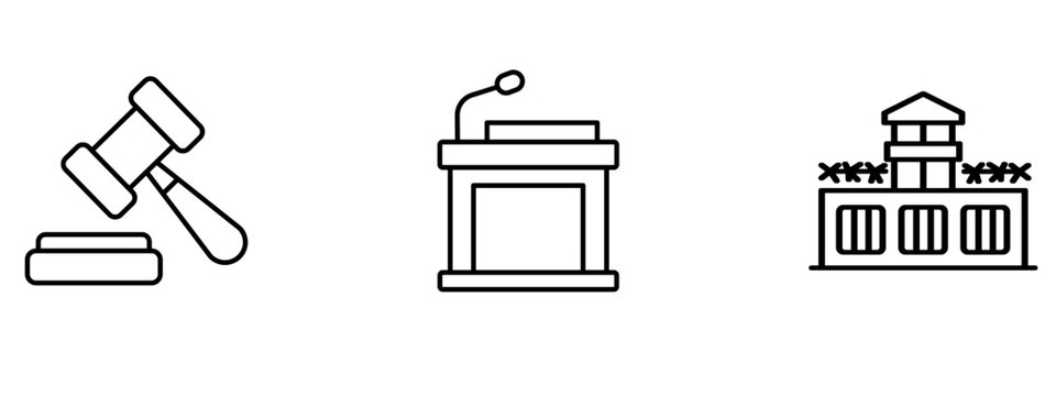 Law and criminal justice line icon set. Symbol of judge wooden gavel, court podium tribune, prison jail facility, legal trial, punishment, and law enforcement.