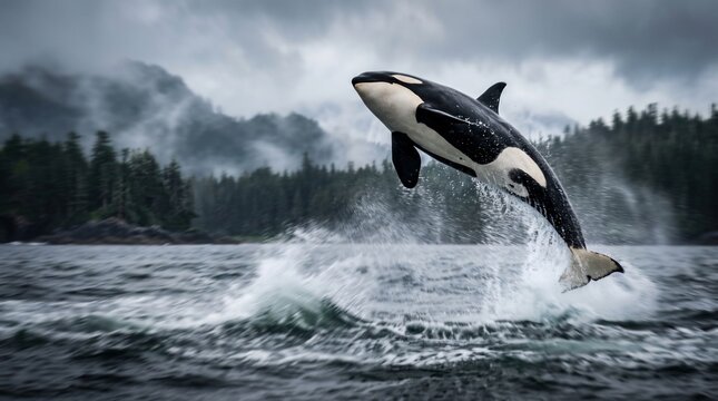 Orca Leaping Out of Ocean Near Misty Forest Coast