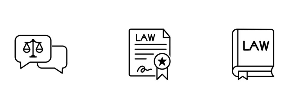 Law and justice line icon set. Symbol of legal advice consultation, official law document, certified contract, judge book, legal code, and justice system regulation.
