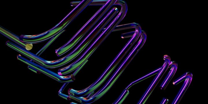  Abstract 3D Render of Geometric Bending Glossy Purple, Green, and Blue Metallic Pipes with Holographic Iridescent Reflections on Black Background