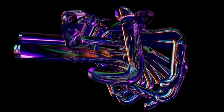  Abstract 3D Render of Intertwined Glossy Metallic Pipes with Holographic Iridescent Reflections on Black Background