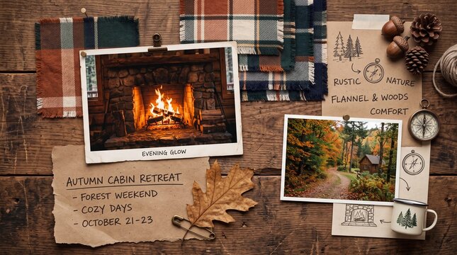Autumn Cabin Retreat Mood Board on Rustic Wood