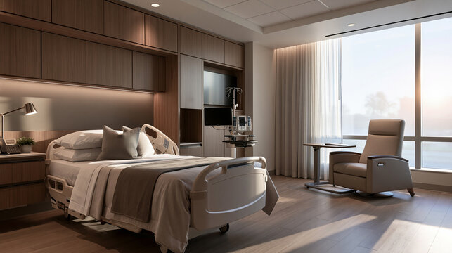 Modern Luxury Hospital Room with Medical Bed and Armchair