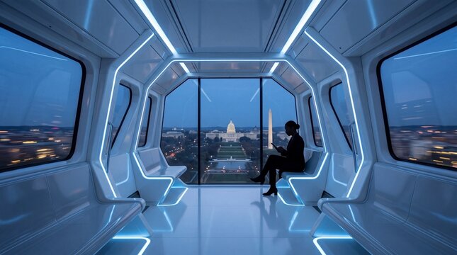 Futuristic Public Transit Pod Overlooking Washington DC Skyline