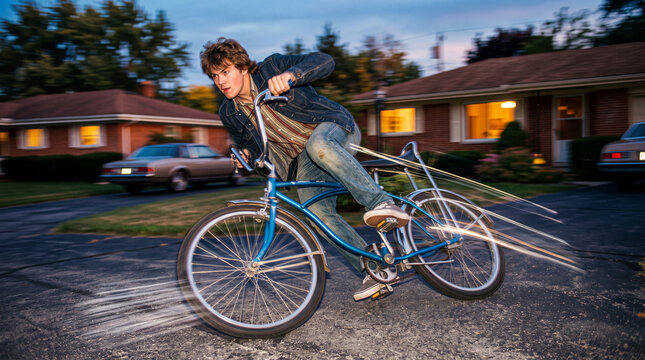Young Man Riding Vintage Bicycle Fast Through Suburban Street