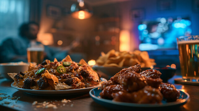 Game Day Snacks with Nachos Wings and Beer at Home