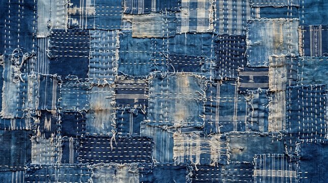 Vintage Indigo Denim Patchwork with Japanese Sashiko Stitching Texture