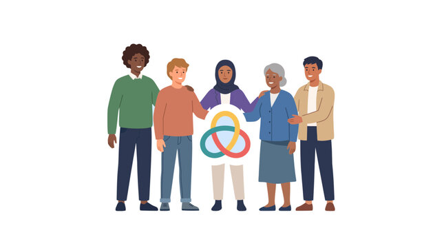 Diverse community group standing together for inclusion and unity illustration