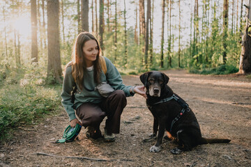 Naklejka premium Woman spending time with dog on forest trail during outdoor walk in warm evening light