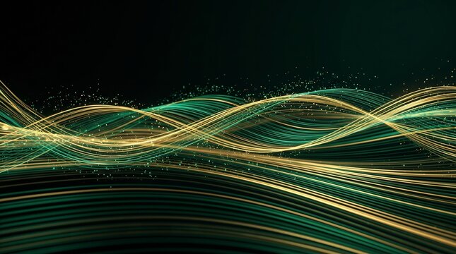 Abstract Glowing Green and Gold Energy Wave Lines Background