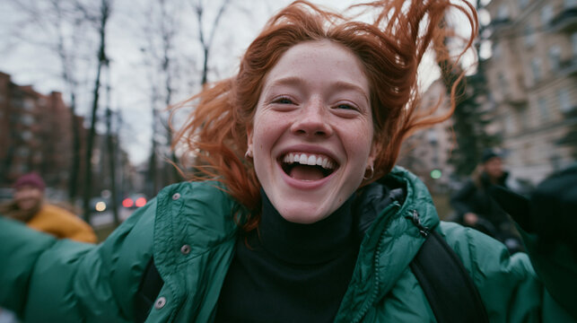 Joyful Young Redhead Woman Laughing Outdoors in Winter