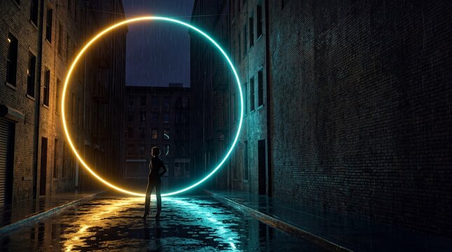 Glowing Sci-Fi Neon Portal in Wet Urban Alley