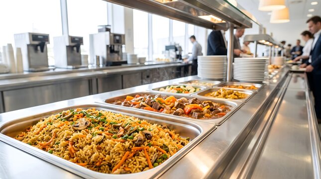 Large selection of hot dishes including vegetable rice and beef stew served in a modern corporate cafeteria buffet line for office dining and catering services concept
