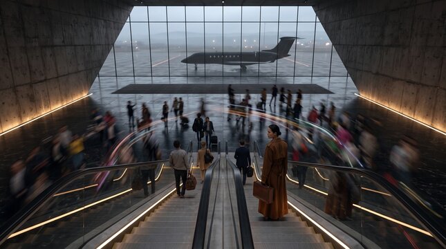 Business Travelers in Modern Airport Terminal with Private Jet