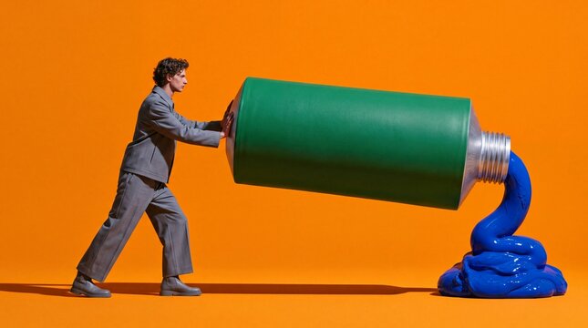 Conceptual Image of Man Squeezing Giant Paint Tube
