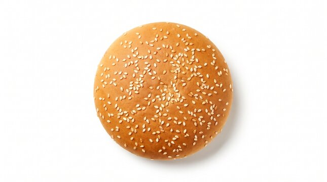 Hamburger bun featuring soft golden brown textures and scattered white sesame seeds on white space.