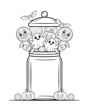 Halloween candy jar coloring page filled with lollipops and cute ghosts surrounded by small pumpkins line art black and white vector illustration glass jar