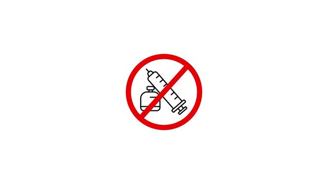 Prohibition symbol featuring a syringe and medicine bottle crossed out with a bold red circle and slash on a White background. Minimal medical warning