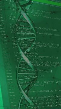Animation of dna rotating over data, lines and shapes on green background