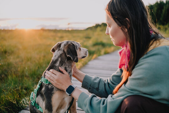 Woman caring for her dog while sharing a quiet moment together on wooden boardwalk at sunset