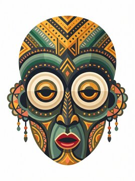 Traditional African Tribal Mask Vector Illustration with Geometric Patterns
