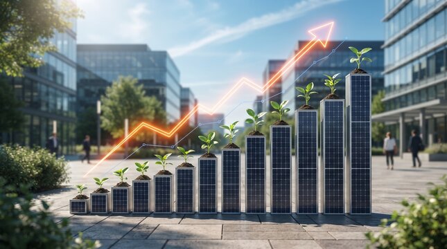 Solar panel pillars grow taller like financial chart with glowing orange upward arrow in modern city.