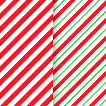 Candy cane striped pattern. Peppermint red and green wrapping print. Seamless Christmas vector background. Cute caramel package texture. Xmas holiday diagonal lines. Abstract geometric illustration.