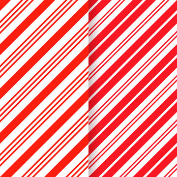 Abstract geometric Christmas wallpaper. Candy cane seamless pattern. Striped red background. Cute caramel package print. Xmas holiday diagonal lines. Peppermint wrapping texture. Vector illustration.