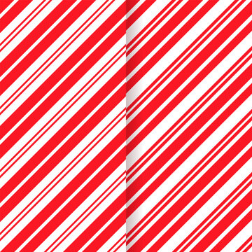 Xmas holiday seamless pattern. Christmas striped background. Vector. Candy cane diagonal stripes. Cute caramel package print. Red white wrapping texture. Geometric illustration.