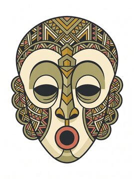 Traditional Tribal Ceremonial Mask Illustration with Geometric Patterns on White Background