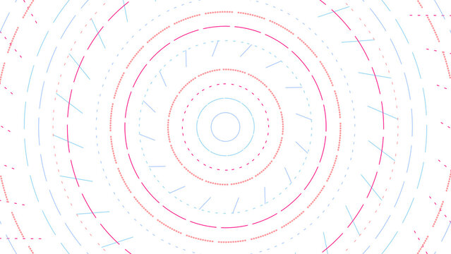 Abstract geometric pattern with concentric circles and dashed lines in vibrant neon pink and blue colors