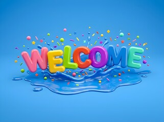 Fototapeta premium Colorful balloon letters spelling welcome with confetti splash funny animal emoji