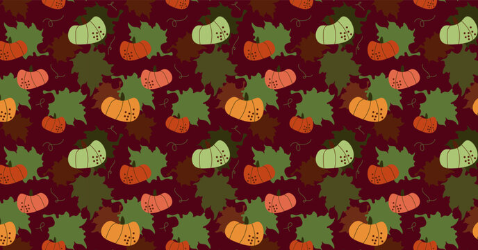 Vector Seamless autumn pattern with pumpkins, oak leaves, and curling vines. Seasonal harvest background for Thanksgiving greeting card, textile, wrapping paper, and surface design.