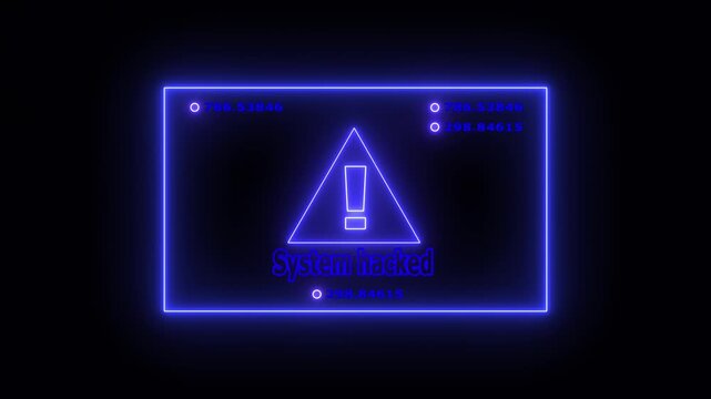 Digital verification failed warning alert with glowing red neon warning triangle and rapidly changing data streams on a dark abstract map background, for cybersecurity and, system error concepts