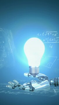 Animation of a light bulb in the palm of a robot arm on mathematical formulae background