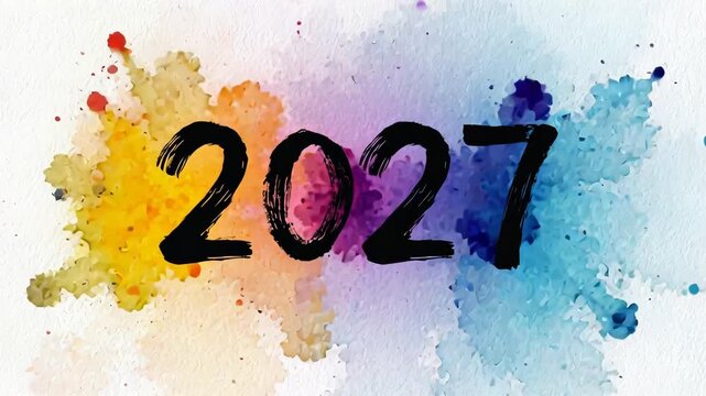 ?Dynamic color splash transition with 2027 text in vibrant paint animation