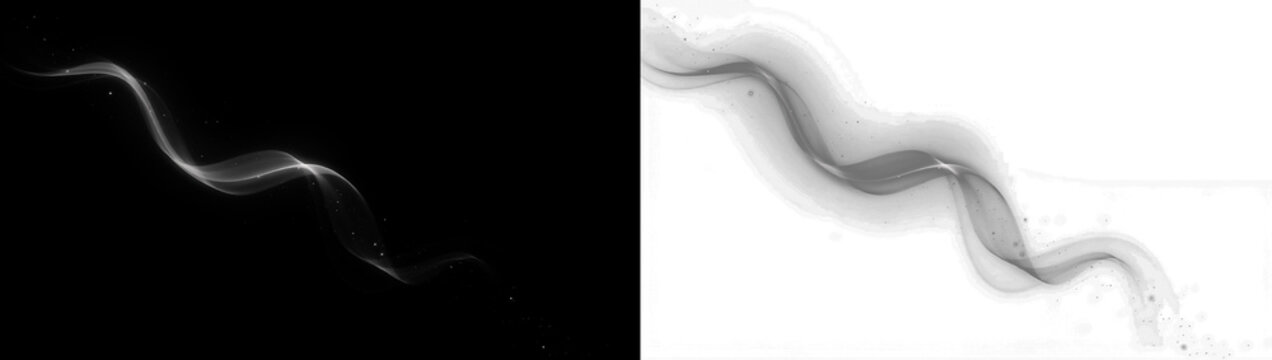 Abstract flowing smoke or wave design with particles, elegant smooth motion effect on black and transparent background