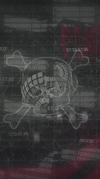 Animation of skull with bones, data processing and block chain over black background