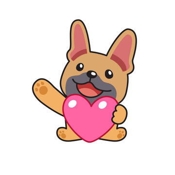 Cute French bulldog puppy holding a pink heart cartoon vector illustration